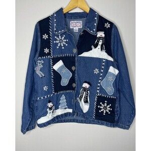 VTG Tantrums Embroidered Appliqued Denim Xmas Jacket Snowmen Snowflakes Womens M